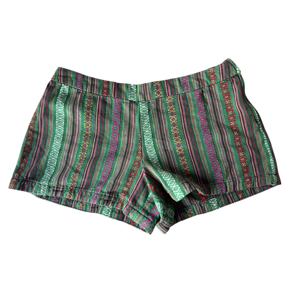 Free People Green Woven Striped Boho Shorts Size 2 High Waisted Festival